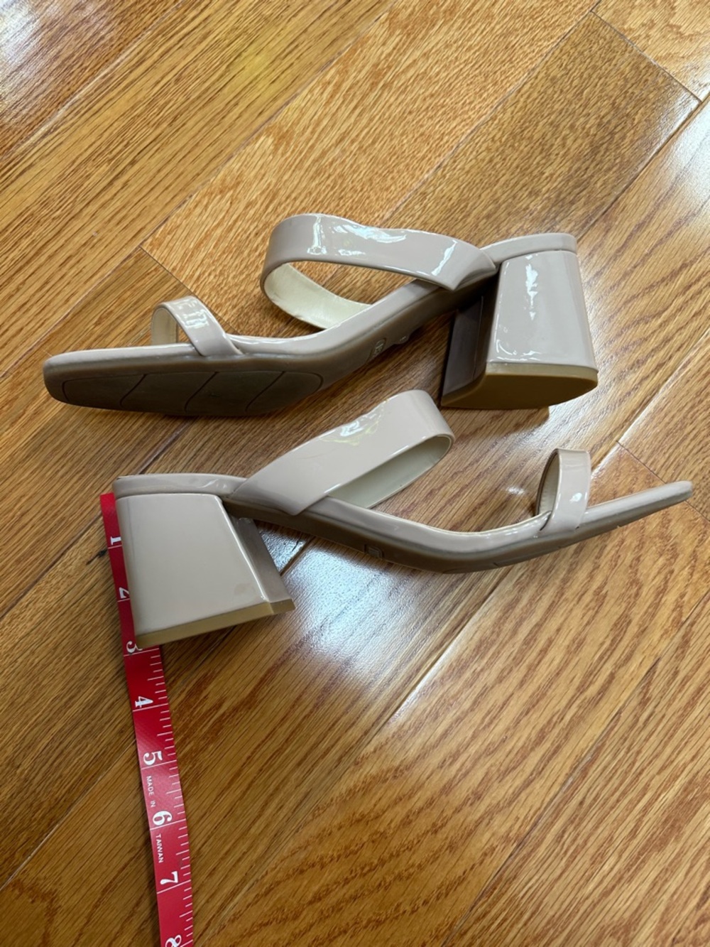 Nine West Taupe Patent Block Heel Slide Sandals